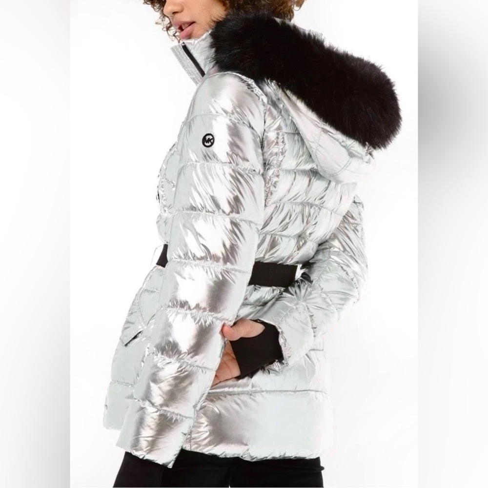 Michael Kors Metallic Silver Hooded Puffer Jacket with Black Faux Fur Trim Small